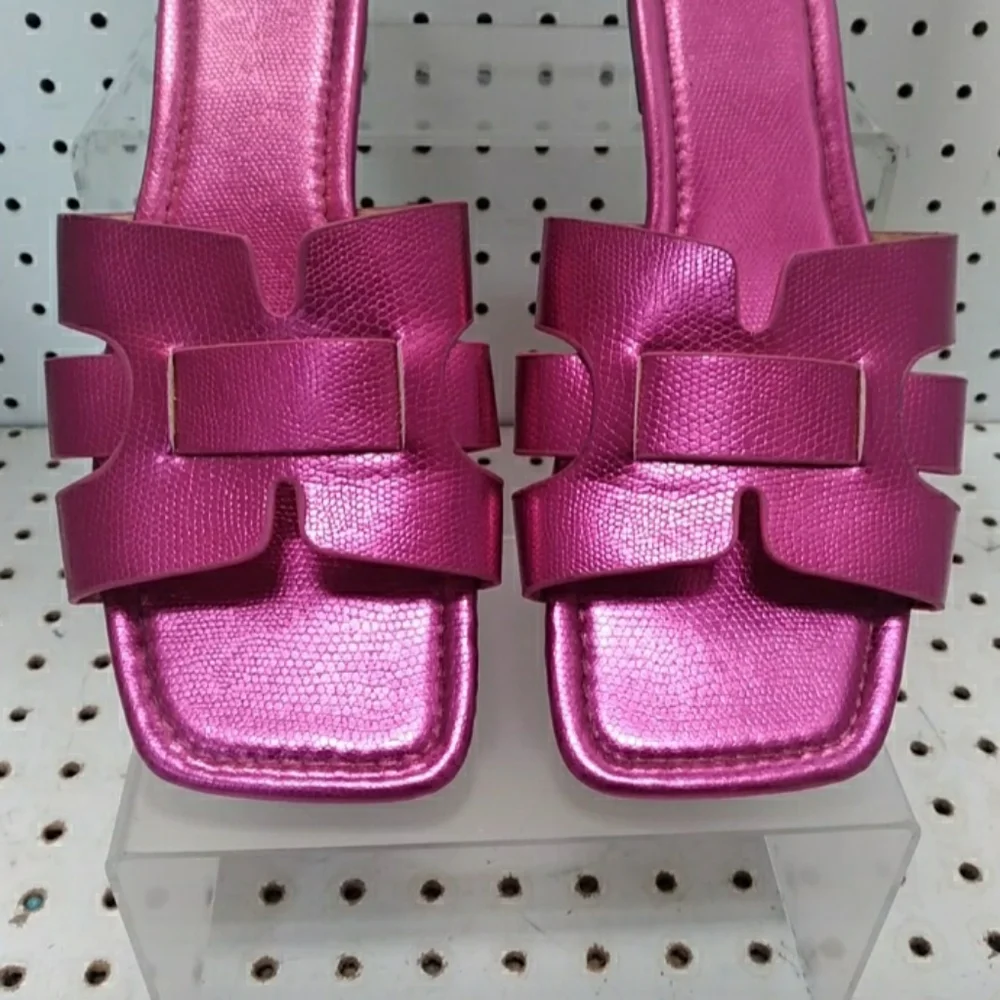 Hot Pink Square-toes Sandals | Flat Slide Cushioned Slip-on Casual Dressy Summer - Picture 4 of 5